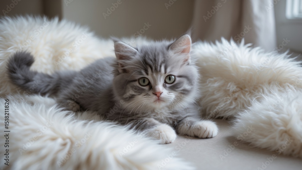 Adorable Tiny Furry Gray and White Kitten Relaxing on Cozy Flokati Rug Adorable Tiny Furry Gray and White Kitten Relaxing on Cozy Flokati Rug