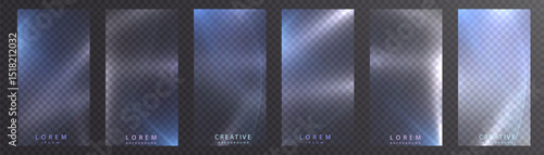 Translucent glass backgrounds with cold glow and glare, designed as vertical banners. Ideal for mobile interface, app showcase, futuristic UX.