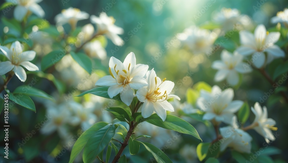 Fototapeta premium Elegant white jasmine blooms in spring with a lush background of flowering bushes for a natural floral garden design.