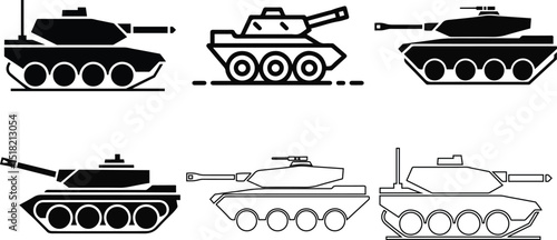 Military Tank Icon Set – Battle Armored Vehicle Silhouettes and Outlines Vector Collection.