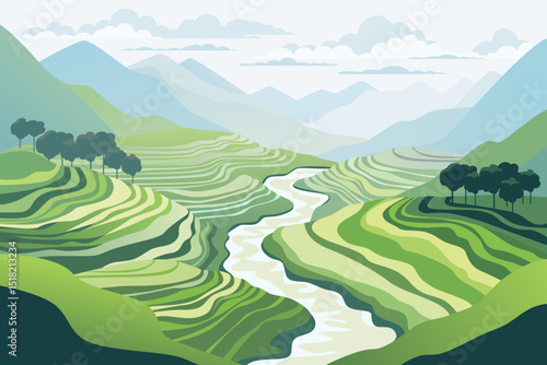 Rice terraces, mountain landscape vector illustration. Beautiful rice terraces in amazing Asian mountains, flowing river, trees and clouds. Landscape terrace farming.