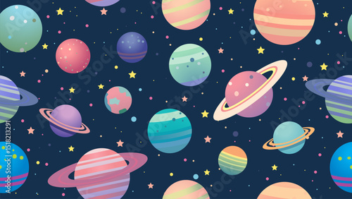 Fantastic space planets seamless pattern. Abstract planets boundless background. Fantastic galaxy, endless space,. Space seamless pattern, vector illustration. Adventure in space.