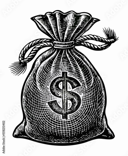 Vintage Money Bag Illustration: Engraved Dollar Sack