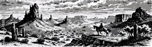 Black and White Cowboy on Horseback in Monument Valley Desert Landscape