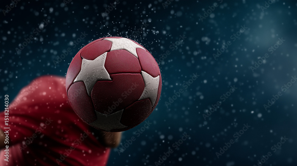 Naklejka premium Soccer player heading red ball during rain at night 