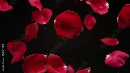 Red rose petals falling dark background