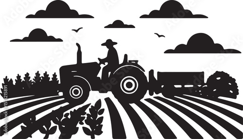Silhouette of Farmer Driving Tractor Across Cultivated Field Under Cloudy Sky