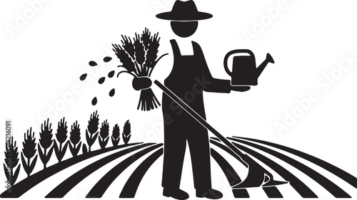 Farming A Black and White Illustration of a Farmer Tending His Crops