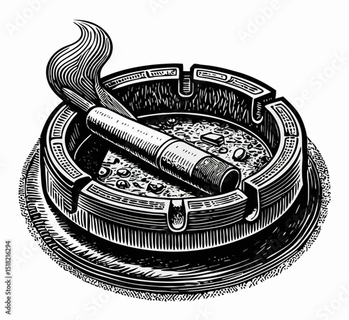 Engraved Illustration of a Cigarette in Ashtray