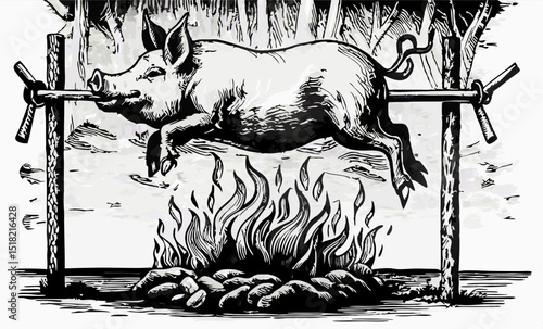 Roast Pig on a Spit Over Open Fire - Black and White Illustration