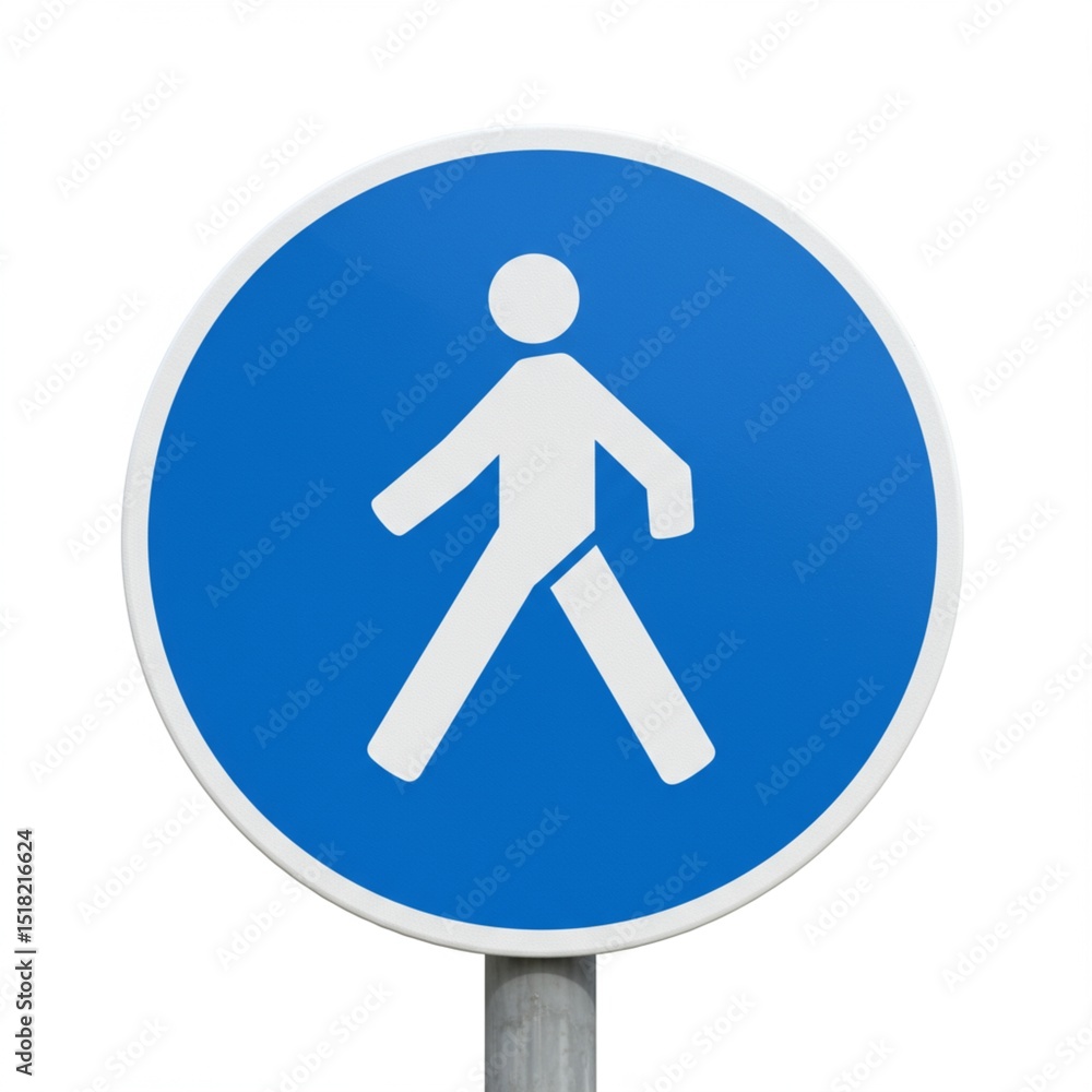 A circular blue traffic sign with a white pedestrian symbol, indicating a pedestrian-only zone. High clarity, white background, modern style. A circular blue traffic sign with a white pedestrian symbol, indicating a pedestrian-only zone. High clarity, white background, modern style.