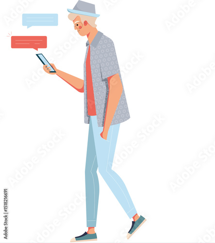 man walking while texting vector illustration