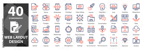 A line-style orange duotone icon set designed to express user flow, layout navigation, and prototyping in digital interface planning.       