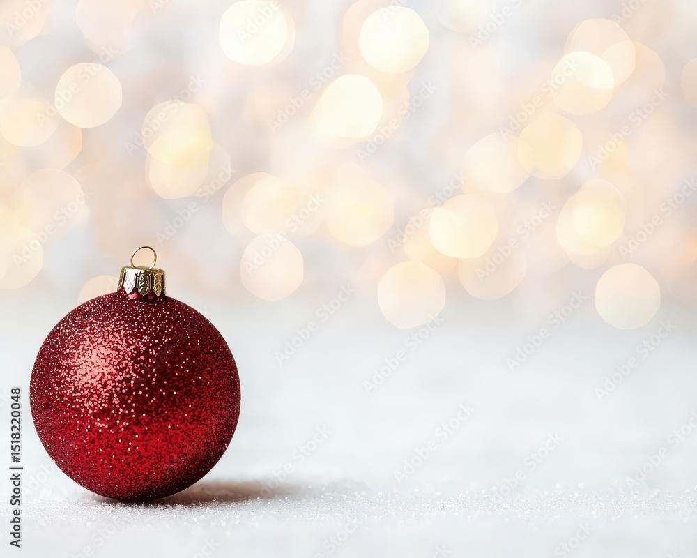 A sparkling red Christmas ornament sits on a snowy surface with a soft, glowing bokeh background. A sparkling red Christmas ornament sits on a snowy surface with a soft, glowing bokeh background.