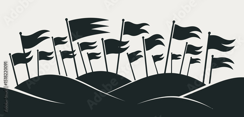 Many Black Flags Waving on Rolling Hills