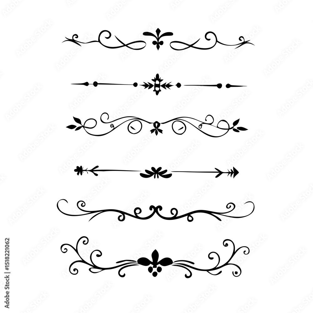 Text dividers doodle set. Wedding decorative elements. Divider ornament, borders, vintage line separators. Hand drawn vector illustration isolated on white background Text dividers doodle set. Wedding decorative elements. Divider ornament, borders, vintage line separators. Hand drawn vector illustration isolated on white background