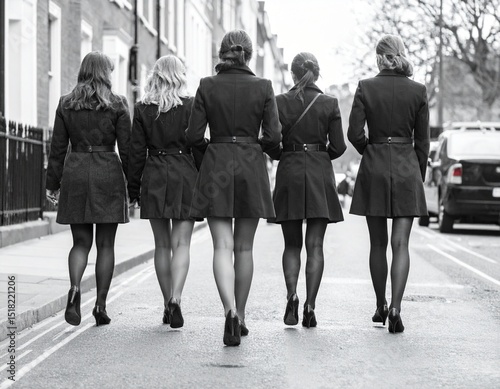1960s, stylish young English ladies modelling in a minidress in the street in the UK, AI generated