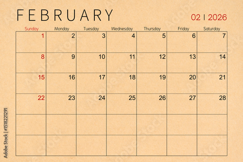 February craft brown paper calendar page for 2026 year.
