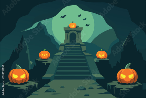 halloween pumpkin with bats and pumpkin