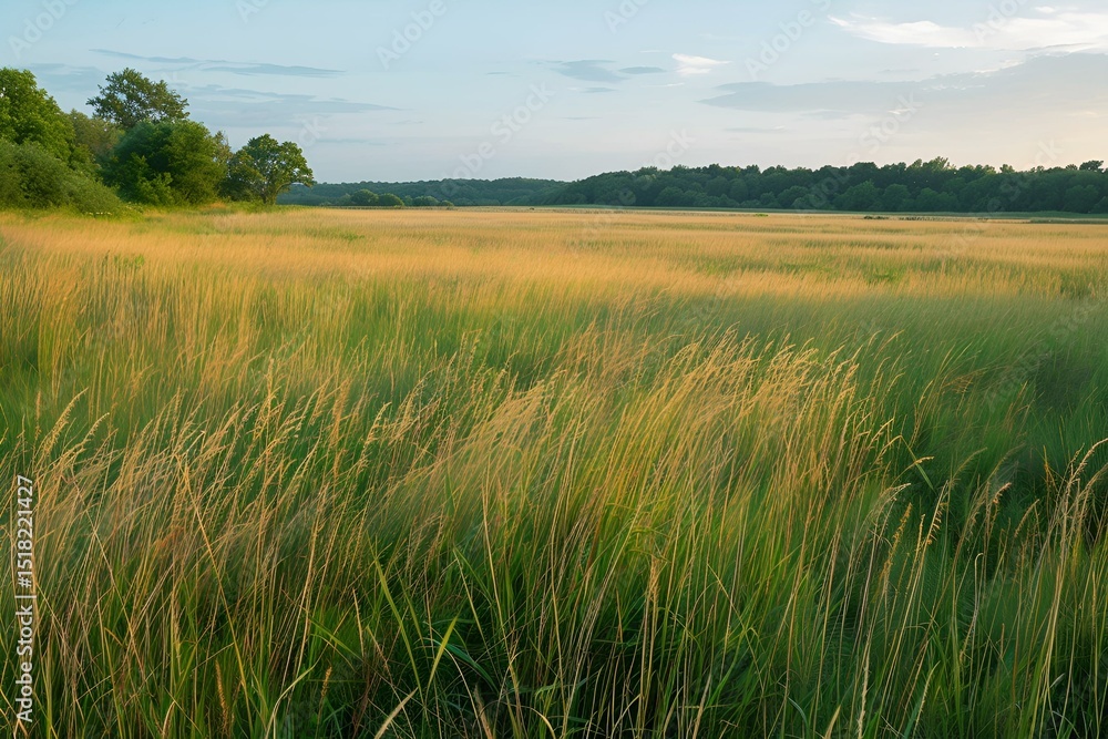 Fototapeta premium Empty golden field with tall grass glowing under sunset, peaceful countryside scene, warm summer tones.