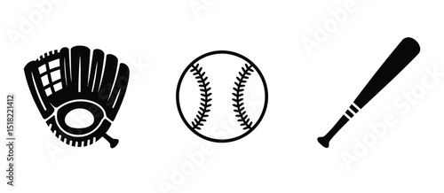 Baseball Icons Set Glove Ball Bat Graphic Design
