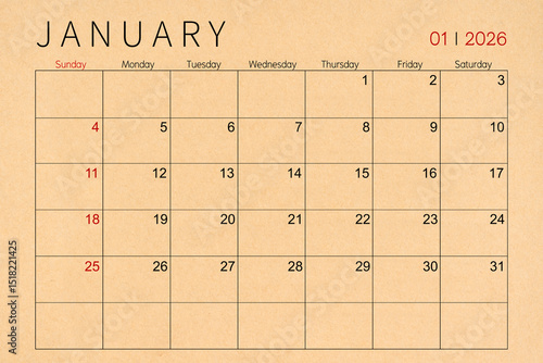 Wallpaper Mural January craft brown paper calendar page for 2026 year. Torontodigital.ca