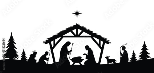 Black Silhouette Nativity Scene with Trees and Star