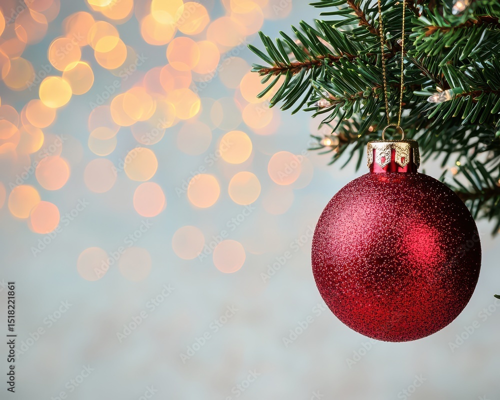 A sparkling red Christmas ornament hangs from a pine branch with festive lights softly glowing in the background. A sparkling red Christmas ornament hangs from a pine branch with festive lights softly glowing in the background.