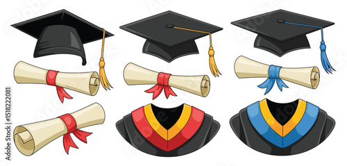 Graduation Cap Gown Diploma Set Illustration