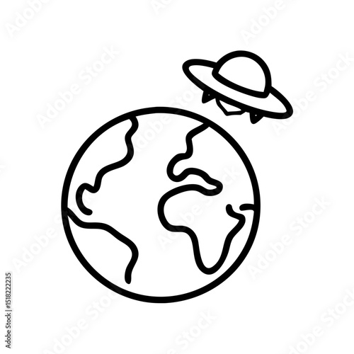 Earth with UFO above it. Simple illustration of planet earth and unidentified flying object. Perfect icon for science fiction, space exploration, or alien invasion themed projects.