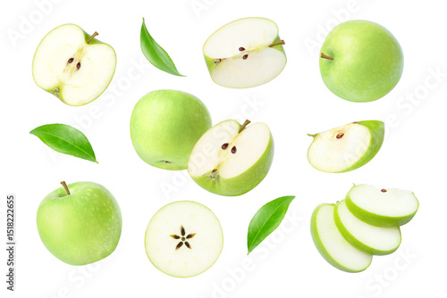 Green apple with slices on transparent background.