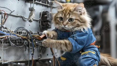 A fluffy cat in a blue jumpsuit appears to repair computer wires, looking focused on the task.