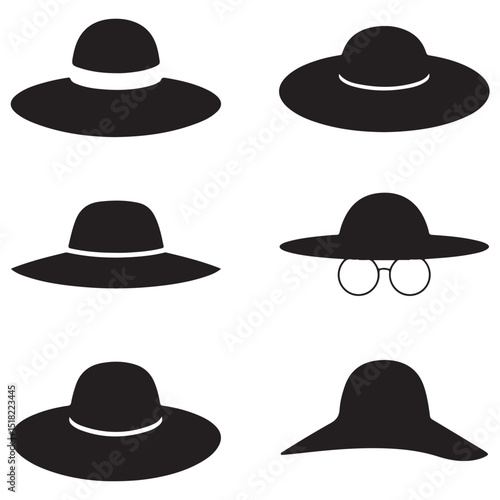 set of vector various style sun hat, beach hat, summer straw hat silhouette	

