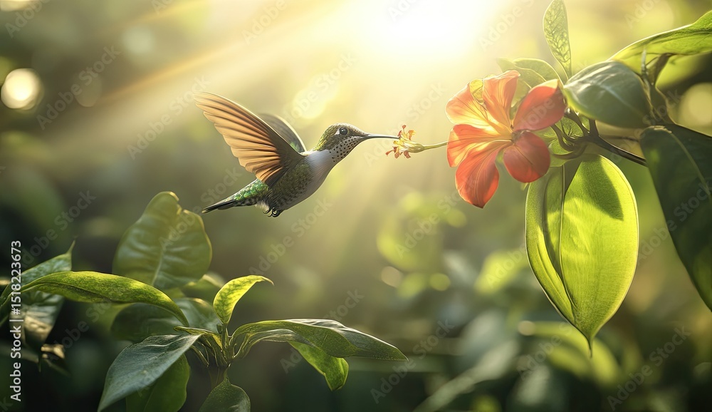 Hummingbird in flight, feeding on a flower Hummingbird in flight, feeding on a flower