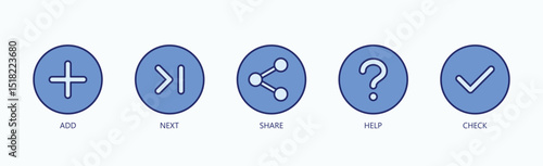 Essential Actions Icon Set Isolated Vector With Icon Of Add, Next, Share, Help, Check In Blue Style