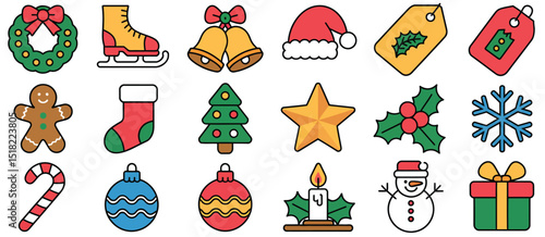 Colorful Christmas and Winter Holiday Icon Set