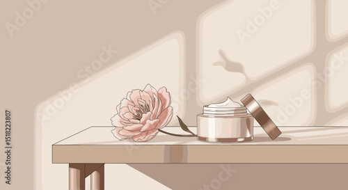 Cream jar with a flower on a wooden table in soft light setting,  Cream jar with flower on wooden table, for beauty salons, spa centers, cosmetics manufacturers