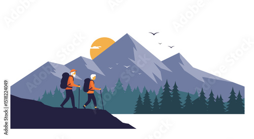 Hikers walking on mountain trail during sunset with trees in background  