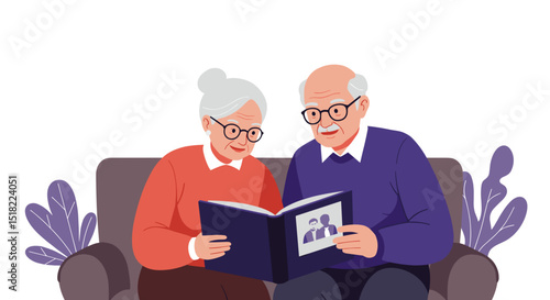 Elderly couple reading photo album together while sitting on sofa  