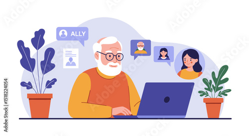 Elderly man using laptop while interacting with online contacts at home  