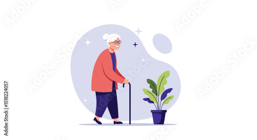 Elderly woman walking with cane beside potted plant in minimalist style  