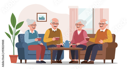 Group of elderly friends enjoying tea while sitting in living room  