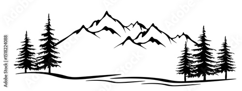 Black silhouette of mountains and fir trees camping adventure wildlife landscape panorama illustration icon vector for logo, isolated on white background.	
