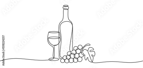 Single Line Drawing of Wine Bottle Glass and Grapes
