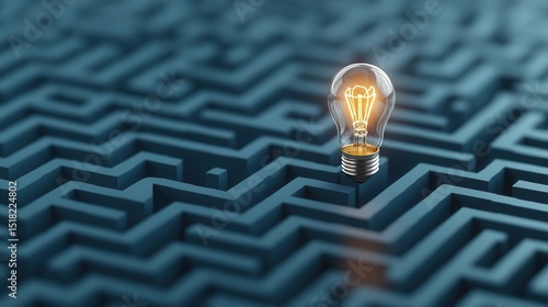 A single glowing light bulb illuminates the center of an intricate winding maze symbolizing the search for solutions and the illumination of ideas within complex challenges