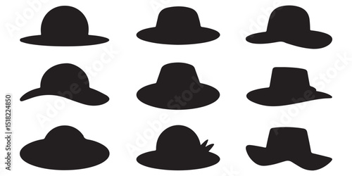 set of vector various style sun hat, beach hat, summer straw hat silhouette	


