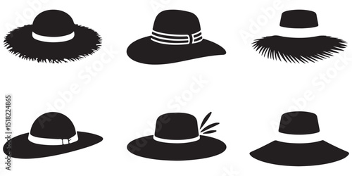 set of vector various style sun hat, beach hat, summer straw hat silhouette	

