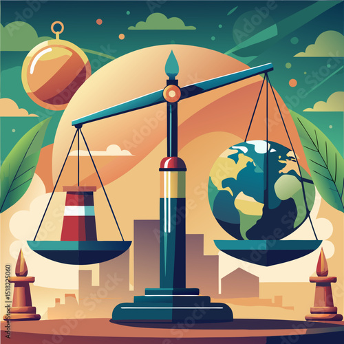 Scales Balancing Oil Barrel and Globe – Climate vs Energy Symbol