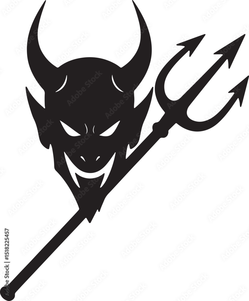 Fototapeta premium Devil Head and Trident Fierce Graphic Design, Silhouette Illustration, Dark Art, Evil Symbol, Hellish Imagery