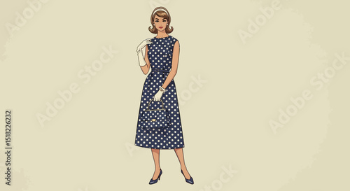 Elegant Polka Dot Dress vintage Style Illustration